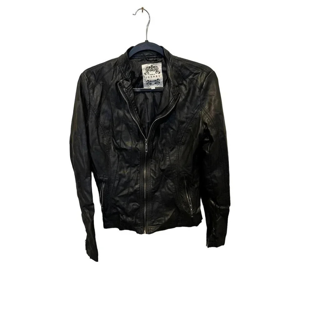 Johnny Los Angels Women's Black Leather Long Sleeve Full Zip Biker Jacket Size L
